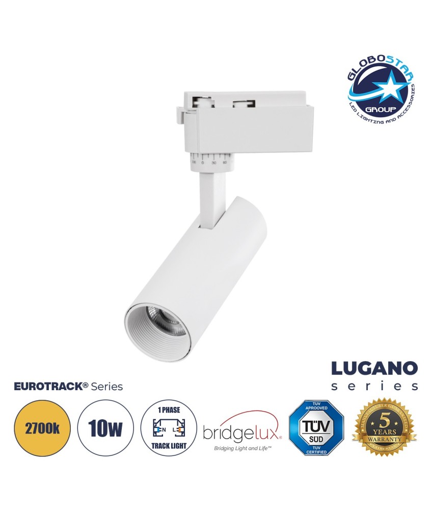 GloboStar® LUGANO 60802 Μονοφασικό Φωτιστικό Σποτ Ράγας LED 10W 1200lm 36° Acrylic HQ LENS AC 220-240V IP20 Φ4.5 x Υ19cm Θερμό Λευκό 2700K - EUROTRACK® System 1L+1N - Λευκό - Bridgelux Chip - TÜV Certified Driver - 5 Χρόνια Εγγύηση